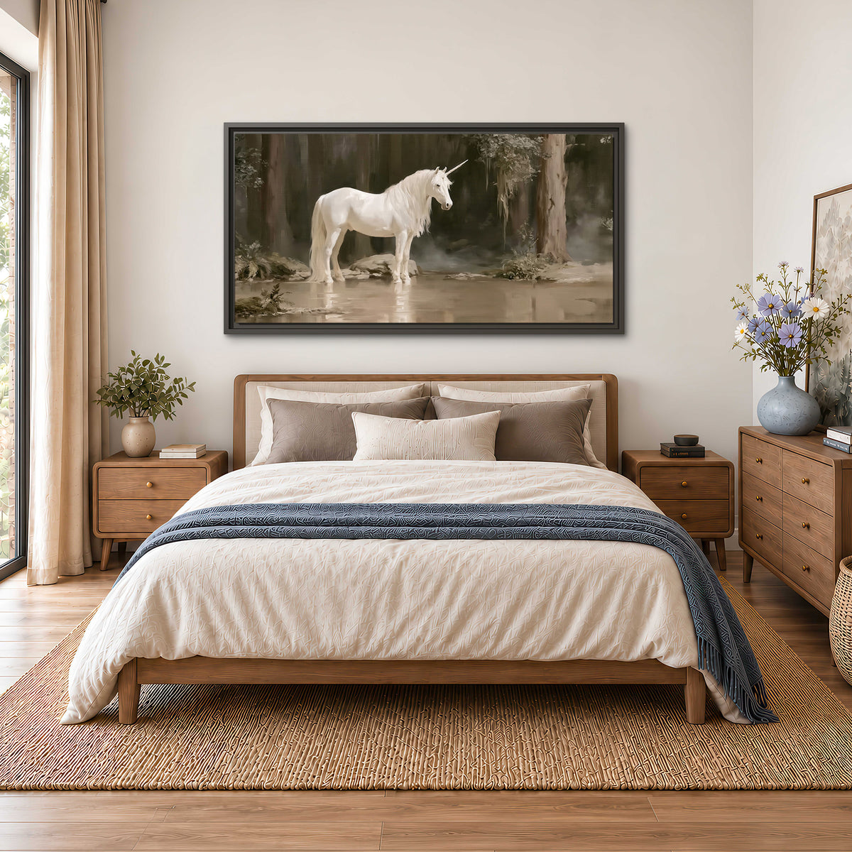 A white unicorn standing beside shallow water beneath tall shadowed trees single framed canvas wall art styled in an interior