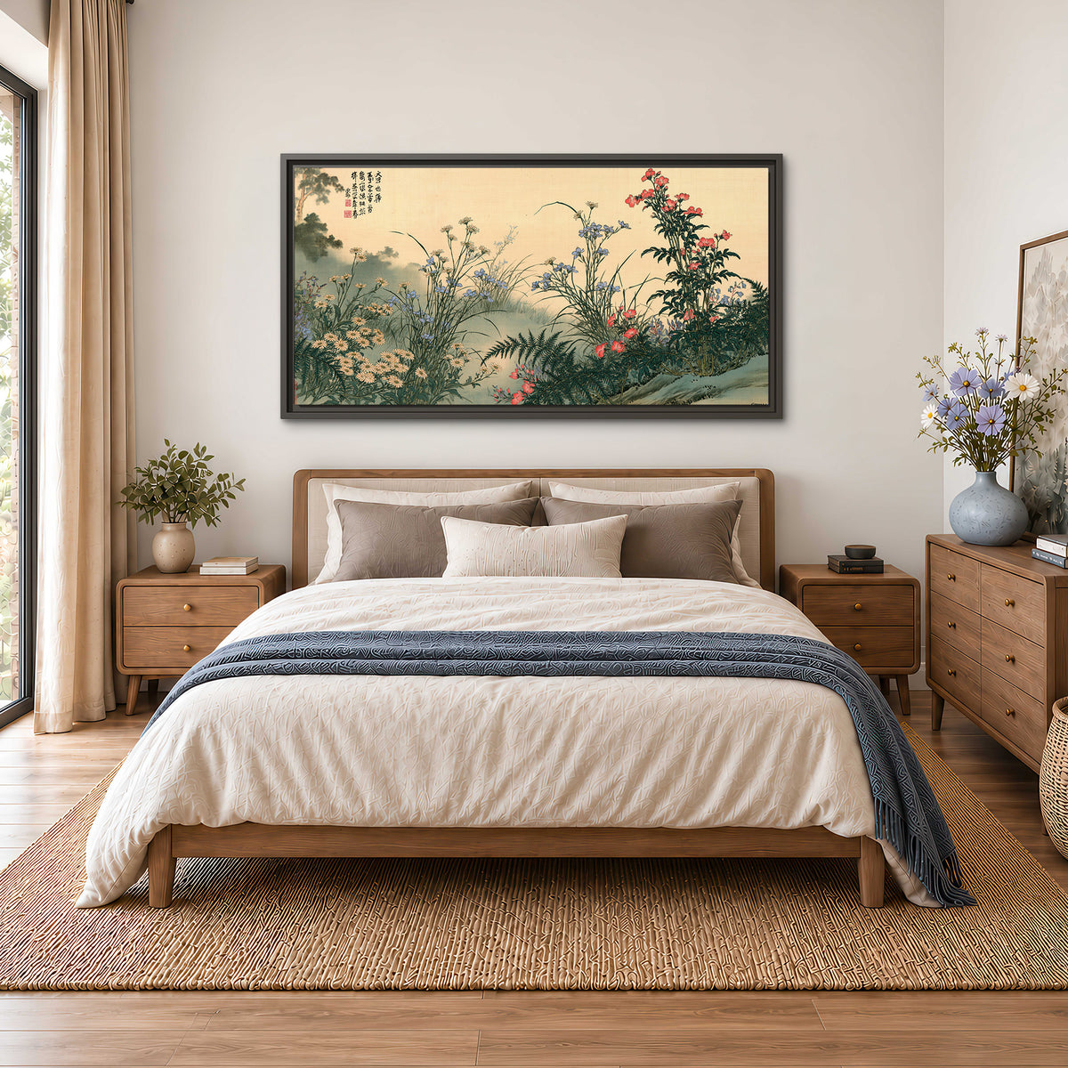 Delicate wildflowers and ferns arranged on a warm neutral ground with decorative script single framed canvas wall art styled in an interior