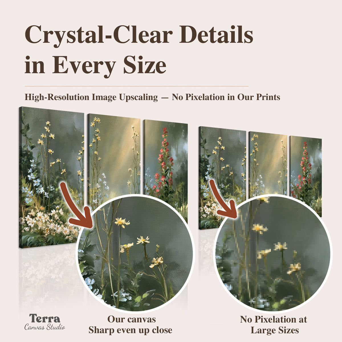 White and red woodland flowers rising in a softly lit green forest clearing artwork quality information