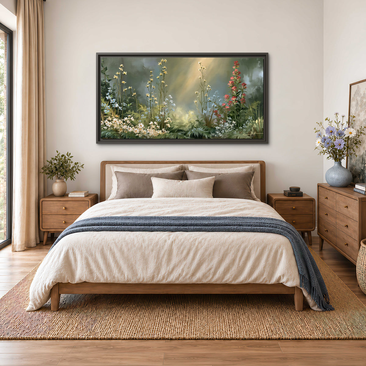 White and red woodland flowers rising in a softly lit green forest clearing single framed canvas wall art styled in an interior