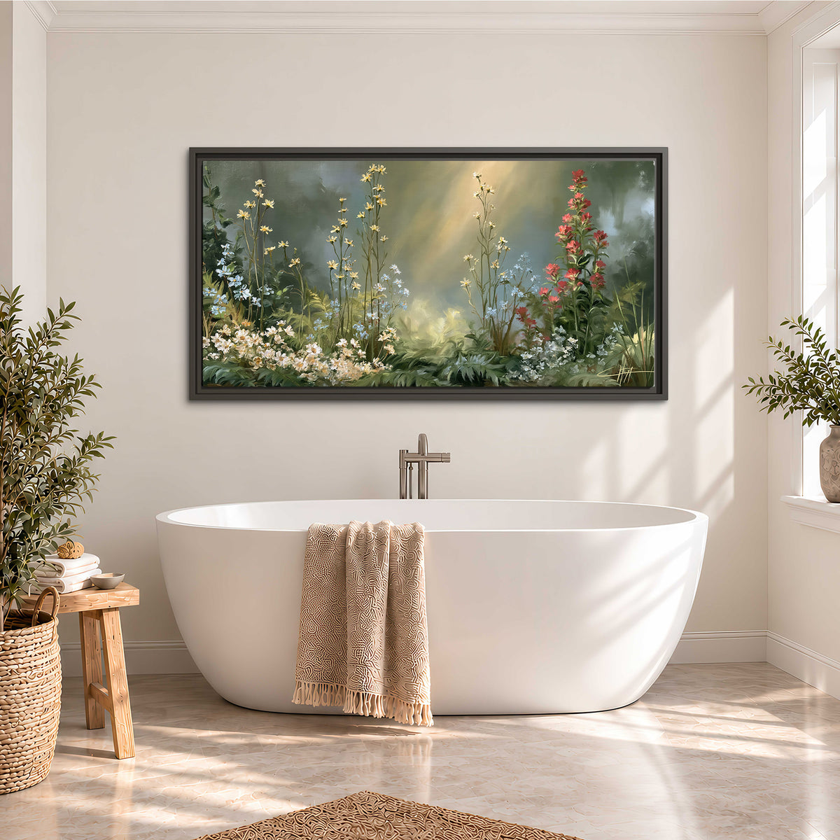 White and red woodland flowers rising in a softly lit green forest clearing single framed canvas wall art styled in an interior