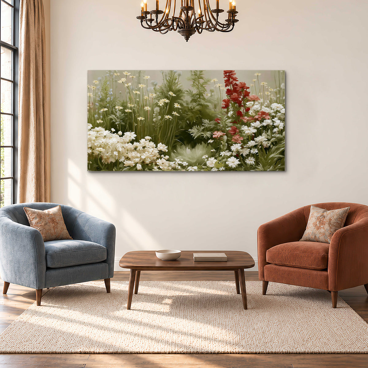 A soft meadow of white daisies and tall red blooms against a green background single canvas wall art styled in an interior