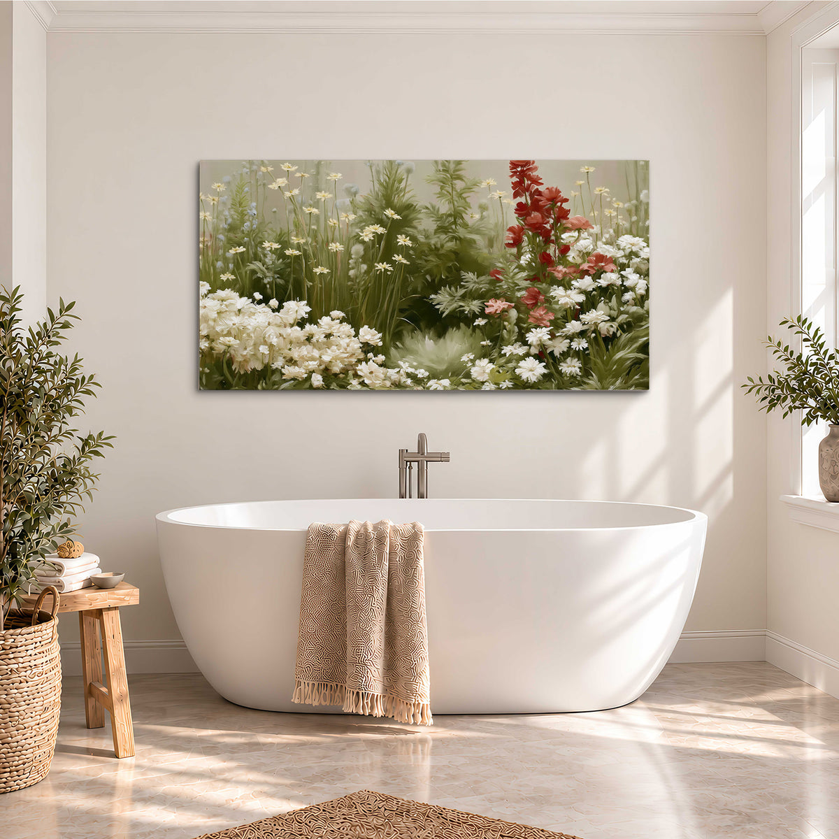 A soft meadow of white daisies and tall red blooms against a green background single canvas wall art styled in an interior