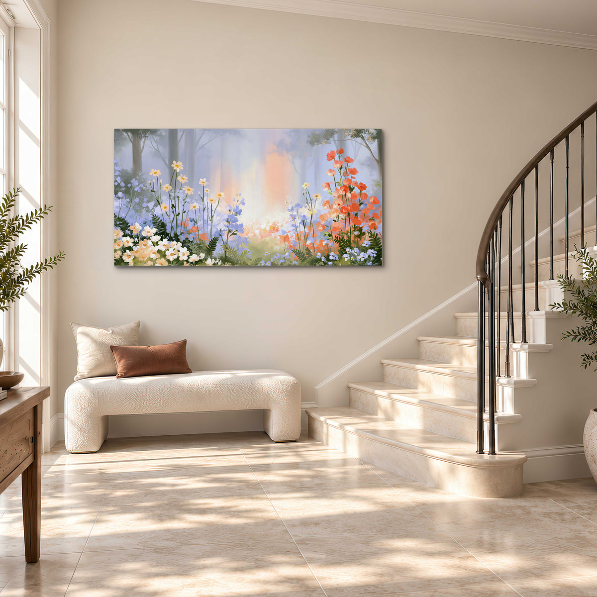 Colorful white, blue and orange flowers beneath a warm shaft of woodland light single canvas wall art styled in an interior