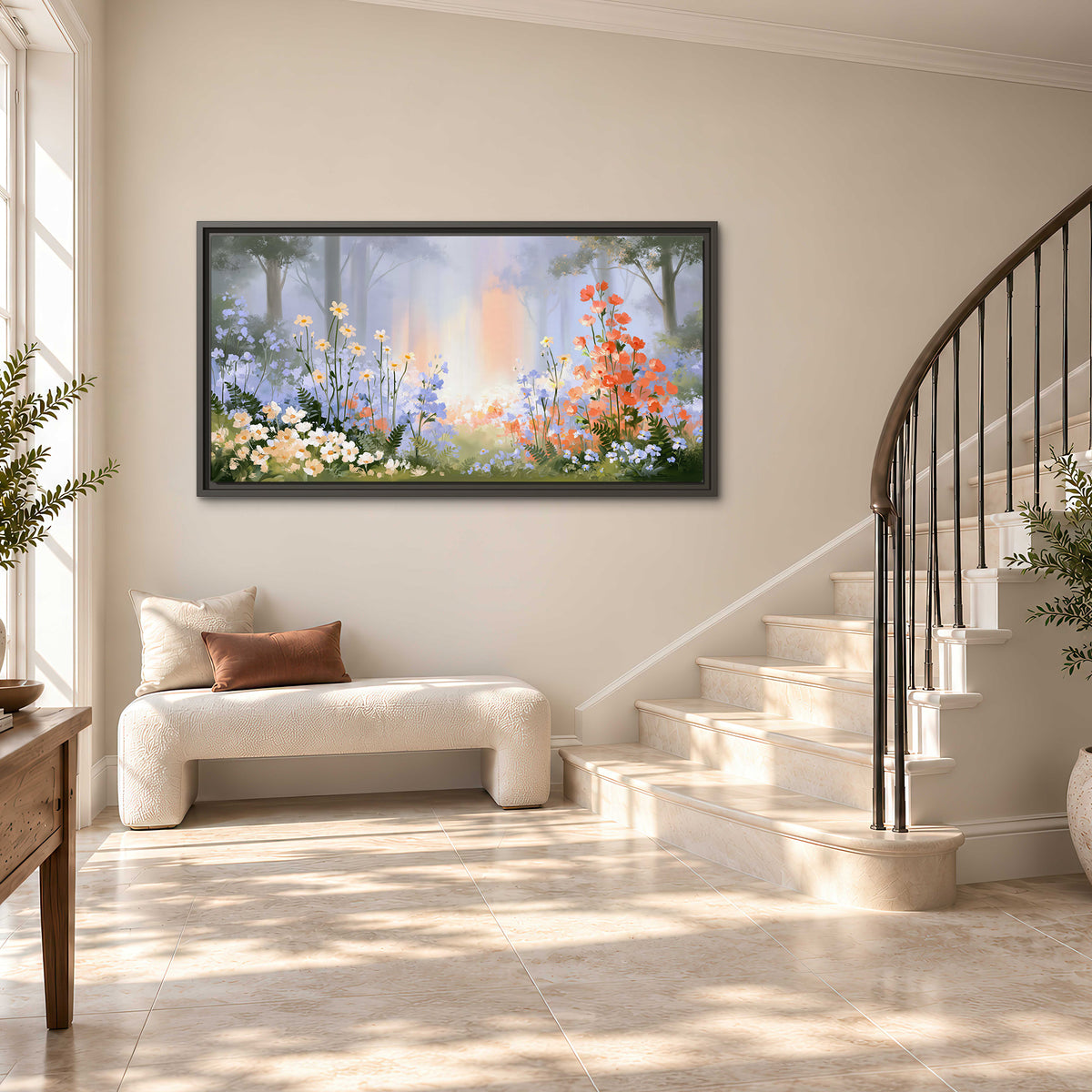 Colorful white, blue and orange flowers beneath a warm shaft of woodland light single framed canvas wall art styled in an interior