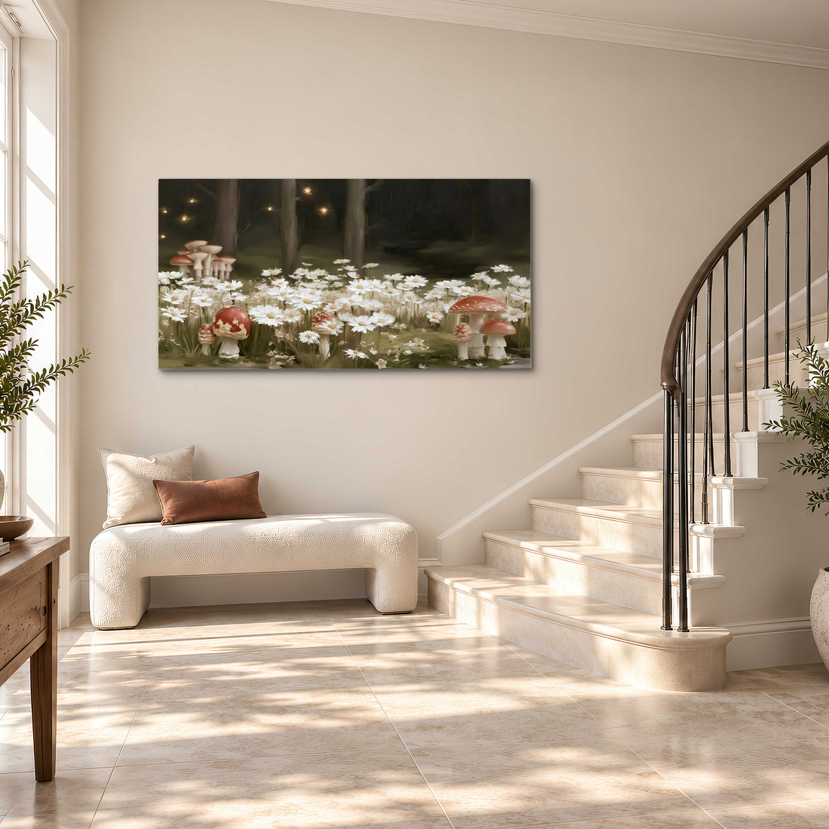 Pale daisies and red-capped mushrooms in a dark meadow with tiny painted points of light single canvas wall art styled in an interior