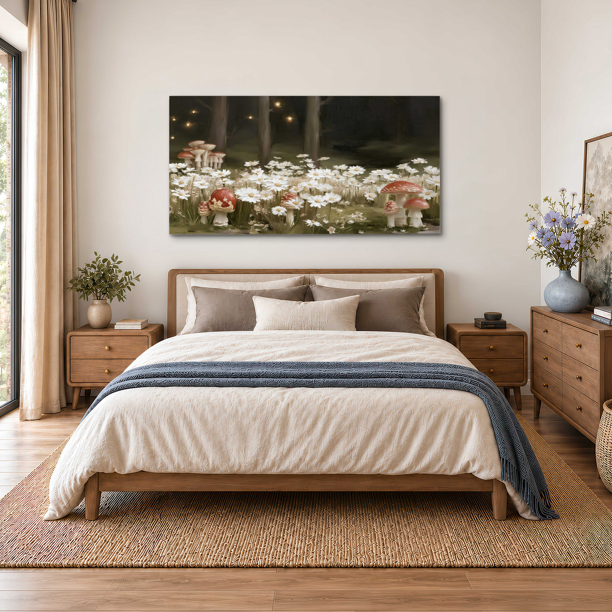 Pale daisies and red-capped mushrooms in a dark meadow with tiny painted points of light single canvas wall art styled in an interior