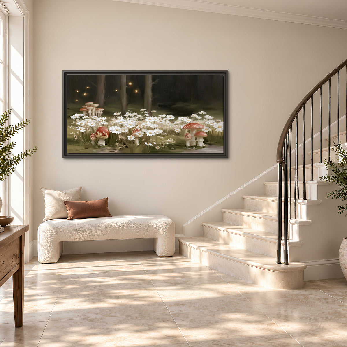 Pale daisies and red-capped mushrooms in a dark meadow with tiny painted points of light single framed canvas wall art styled in an interior