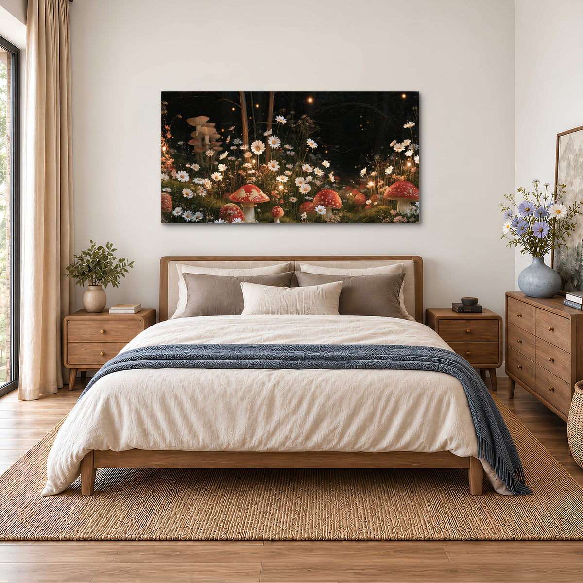 Red mushrooms and delicate white flowers glowing in a painted nighttime woodland scene single canvas wall art styled in an interior