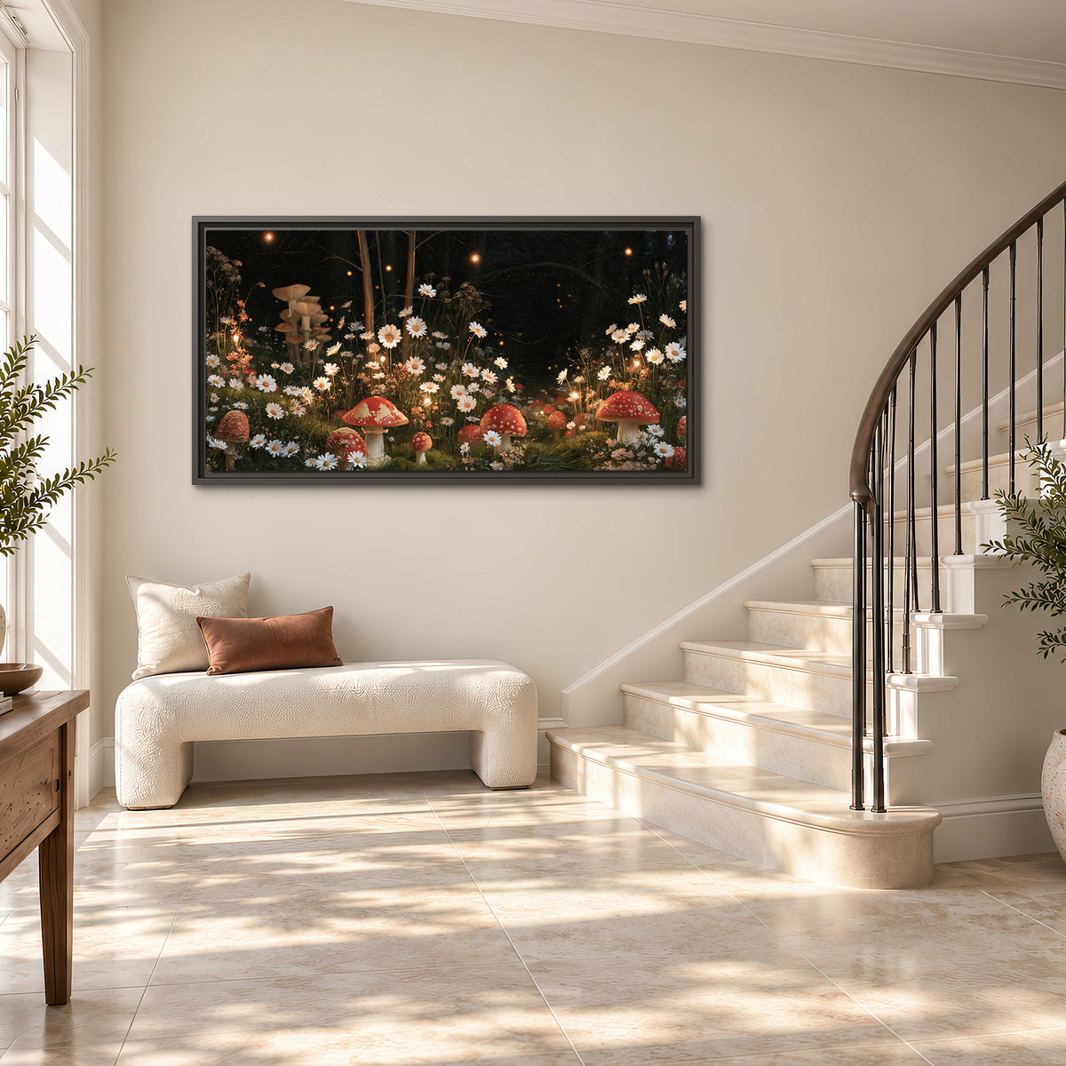 Red mushrooms and delicate white flowers glowing in a painted nighttime woodland scene single framed canvas wall art styled in an interior