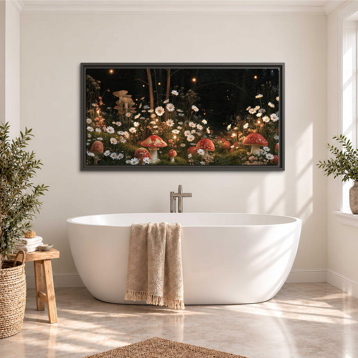 Red mushrooms and delicate white flowers glowing in a painted nighttime woodland scene single framed canvas wall art styled in an interior