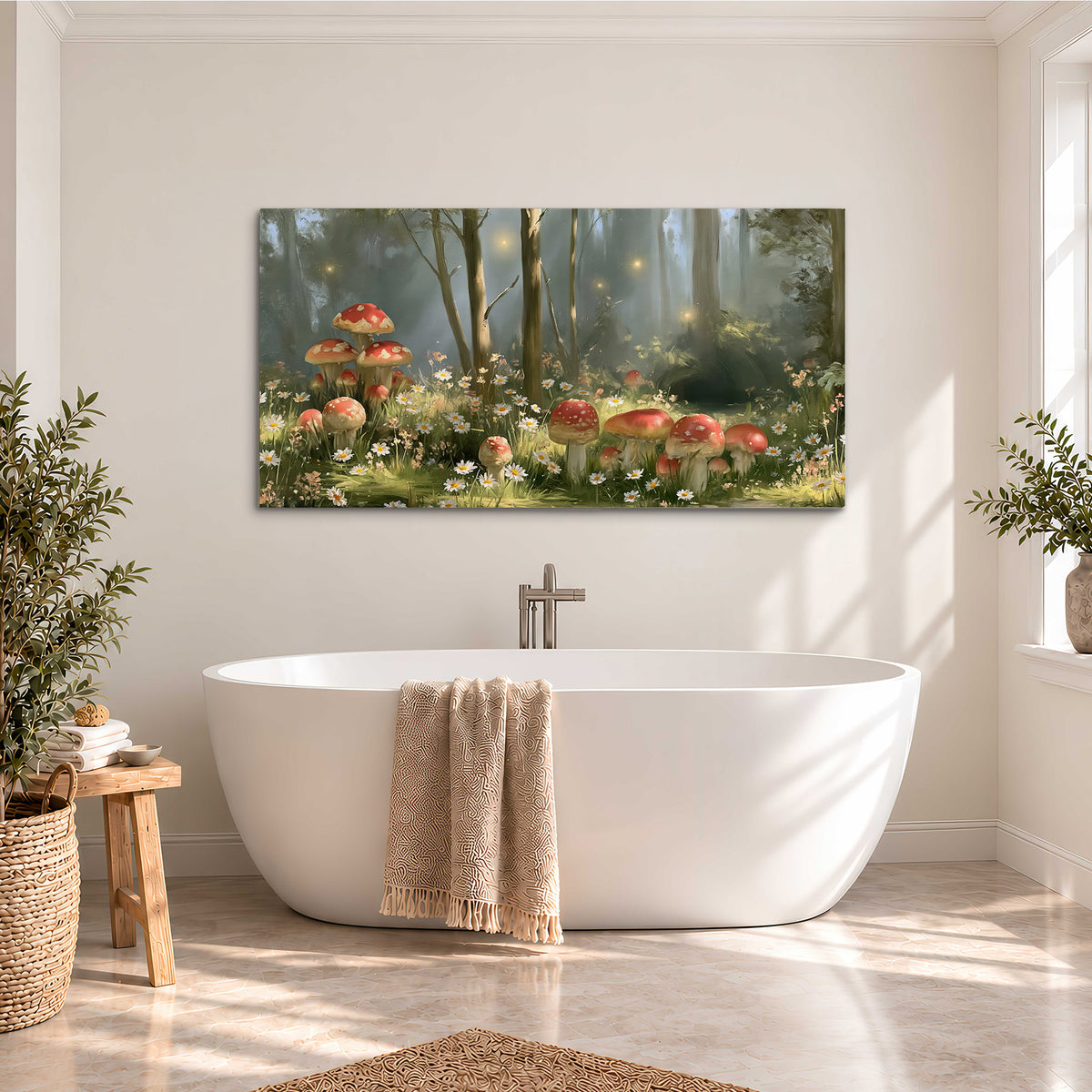 Red-capped mushrooms and white flowers beside tall trees in a sunlit forest single canvas wall art styled in an interior