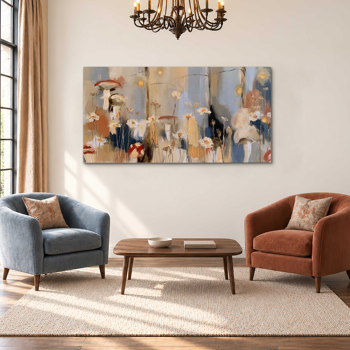 Loose mushroom and flower forms among vertical blue, ochre and cream strokes single canvas wall art styled in an interior