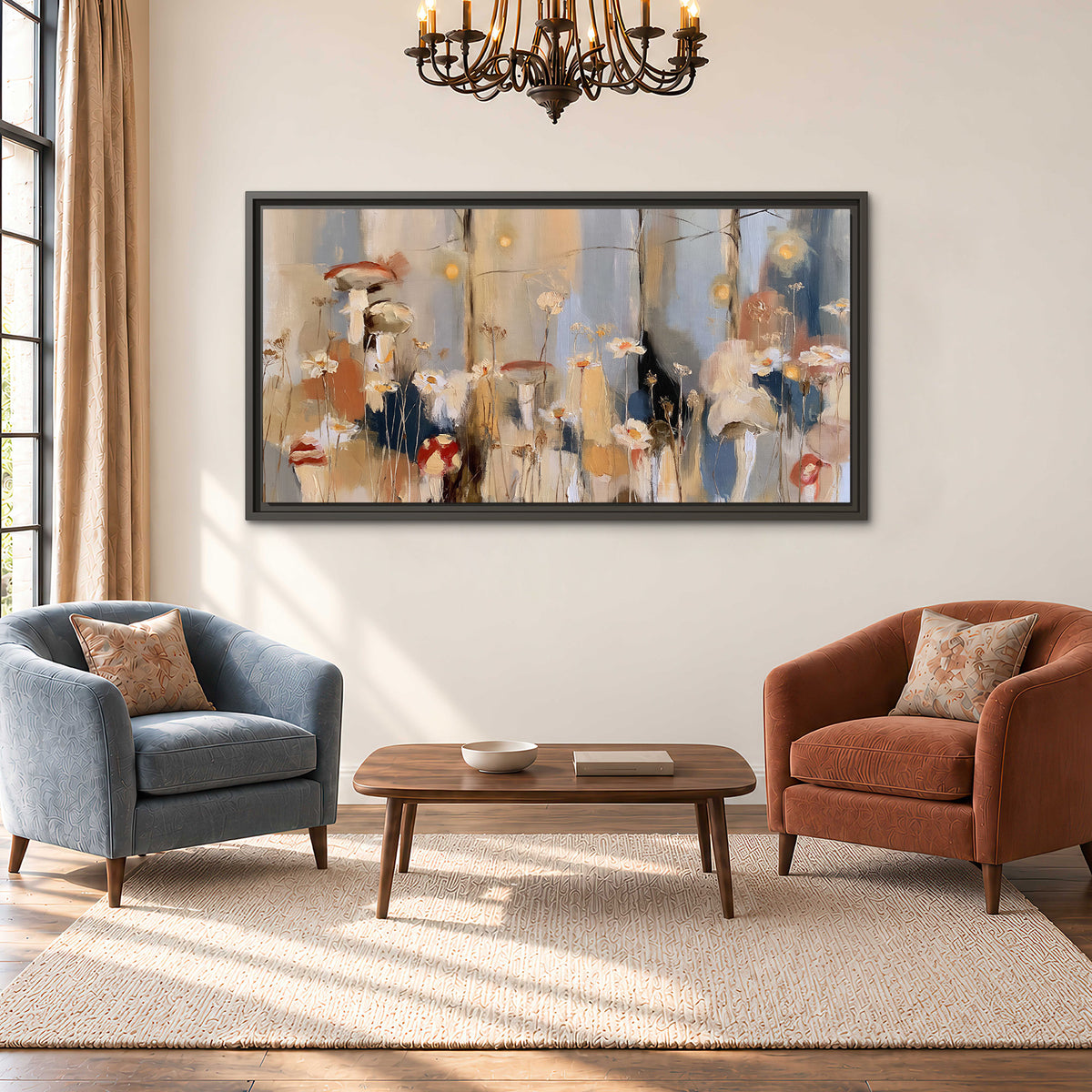 Loose mushroom and flower forms among vertical blue, ochre and cream strokes single framed canvas wall art styled in an interior