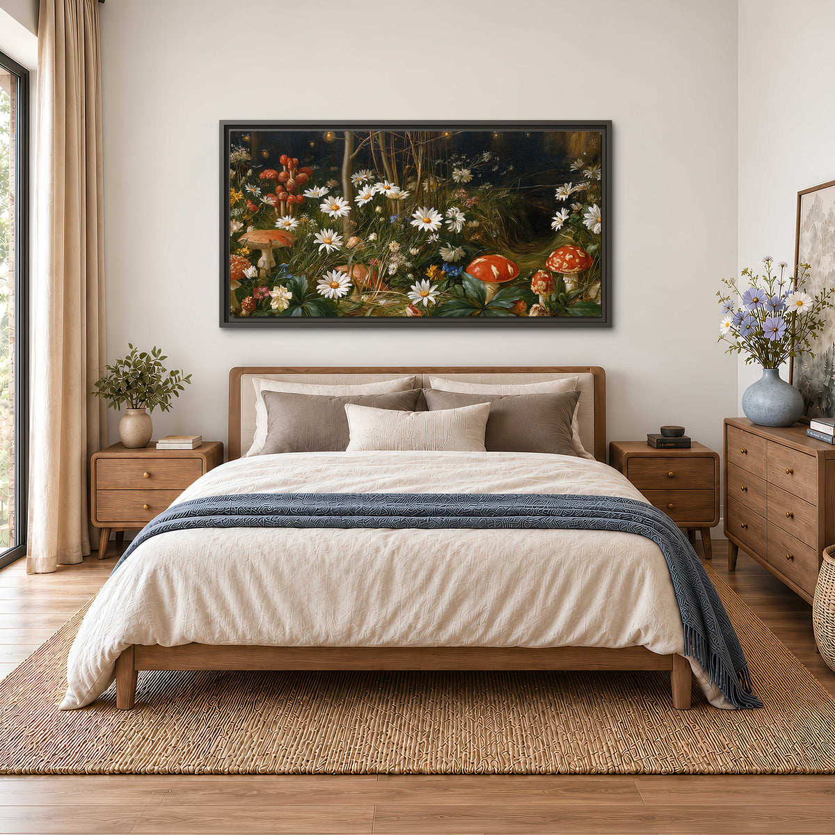 White daisies and warm red mushrooms scattered across a dark woodland garden single framed canvas wall art styled in an interior