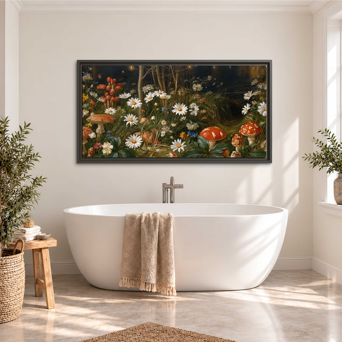 White daisies and warm red mushrooms scattered across a dark woodland garden single framed canvas wall art styled in an interior