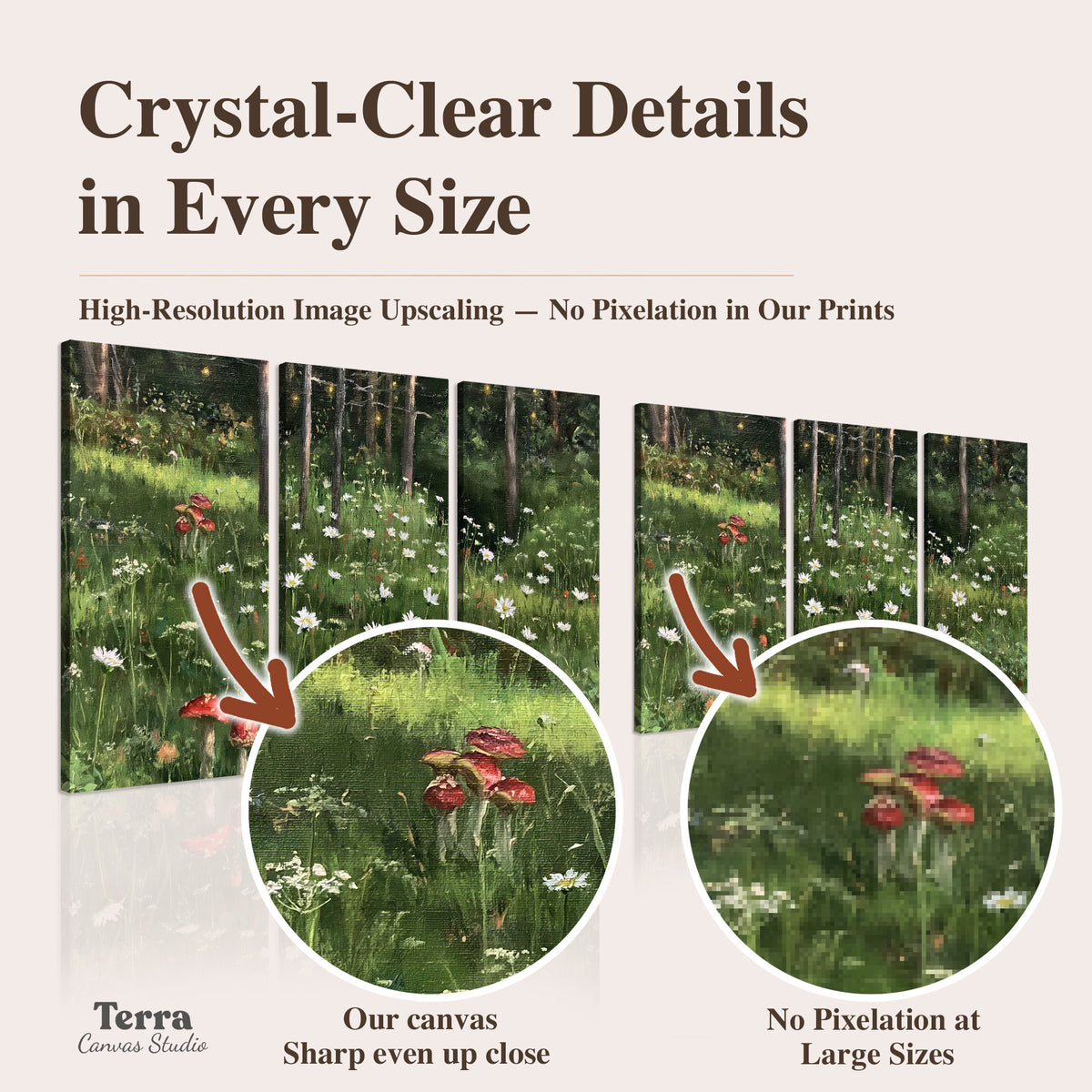 A green woodland floor covered with small white daisies and red mushroom accents artwork quality information