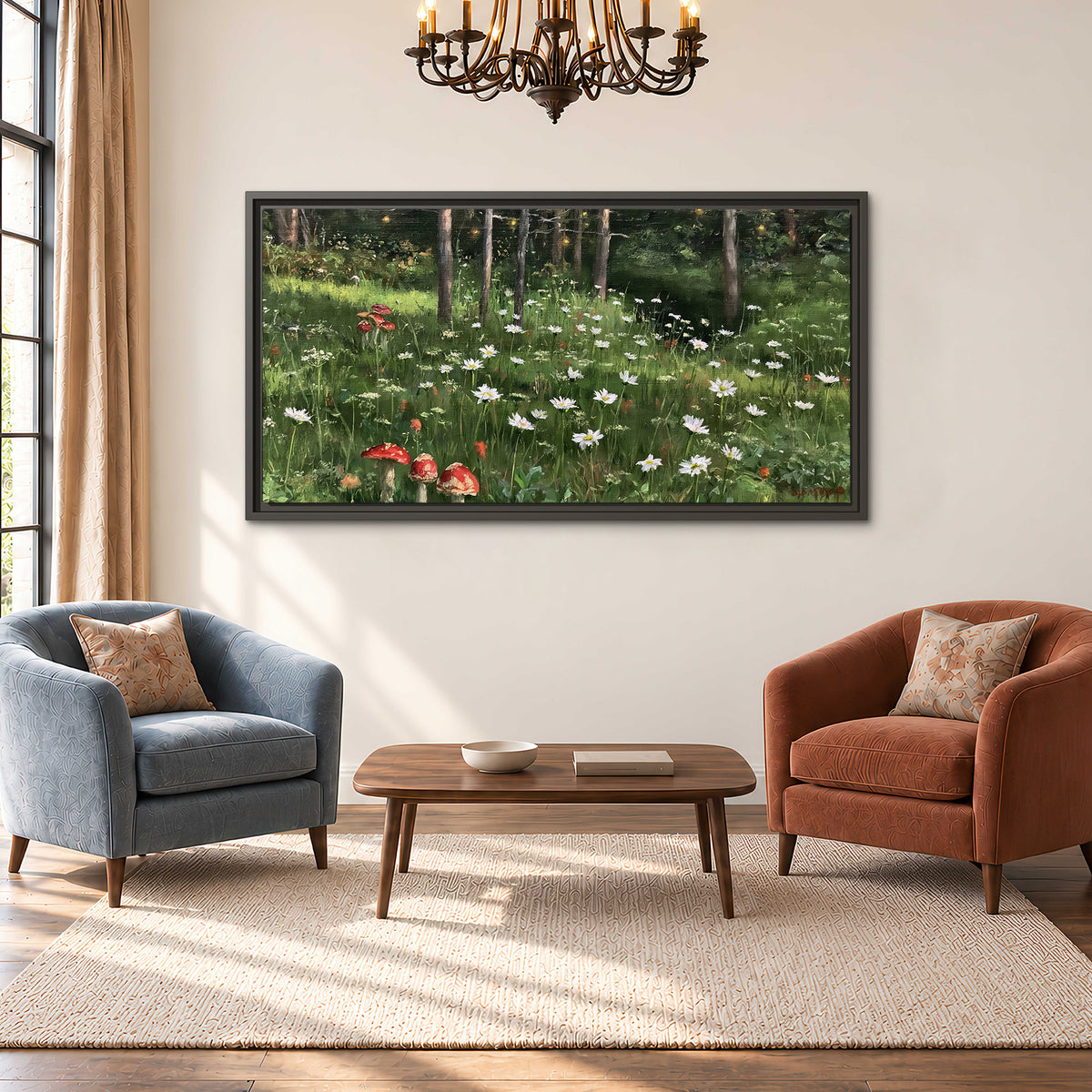 A green woodland floor covered with small white daisies and red mushroom accents single framed canvas wall art styled in an interior