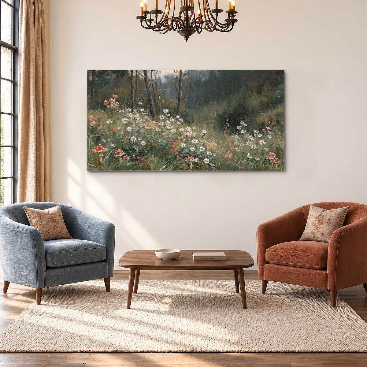 A soft woodland meadow filled with pale flowers and scattered warm red accents single canvas wall art styled in an interior