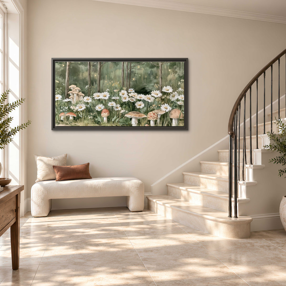 Pale pink mushrooms nestled among white daisies and tall green woodland grasses single framed canvas wall art styled in an interior