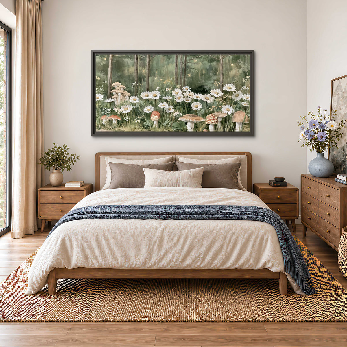 Pale pink mushrooms nestled among white daisies and tall green woodland grasses single framed canvas wall art styled in an interior