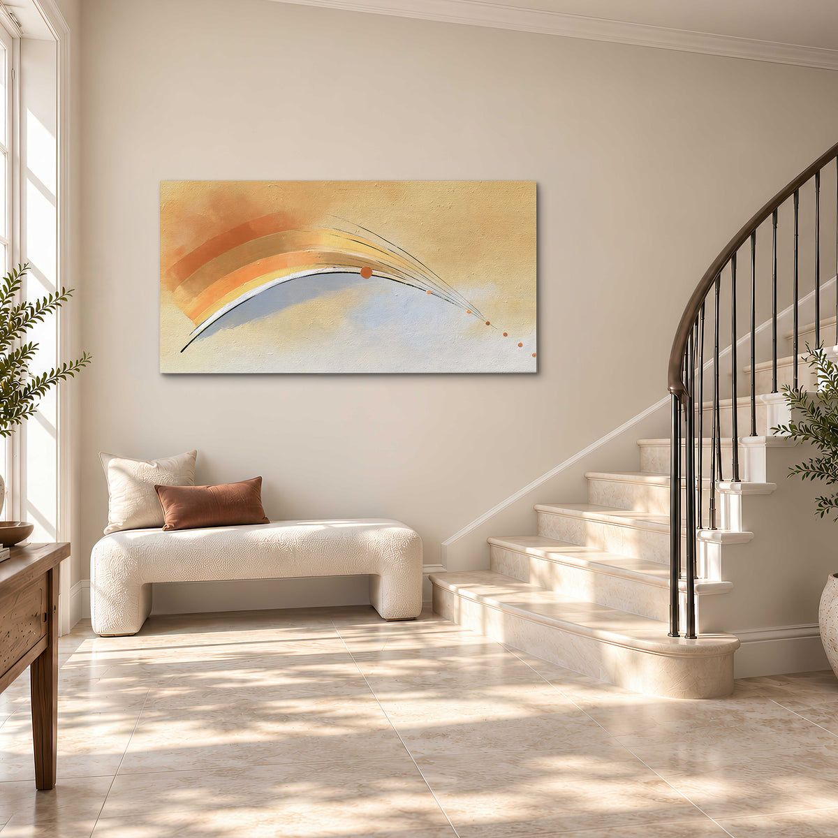 A sweeping ochre and orange arc with fine blue accents on a warm cream background single canvas wall art styled in an interior