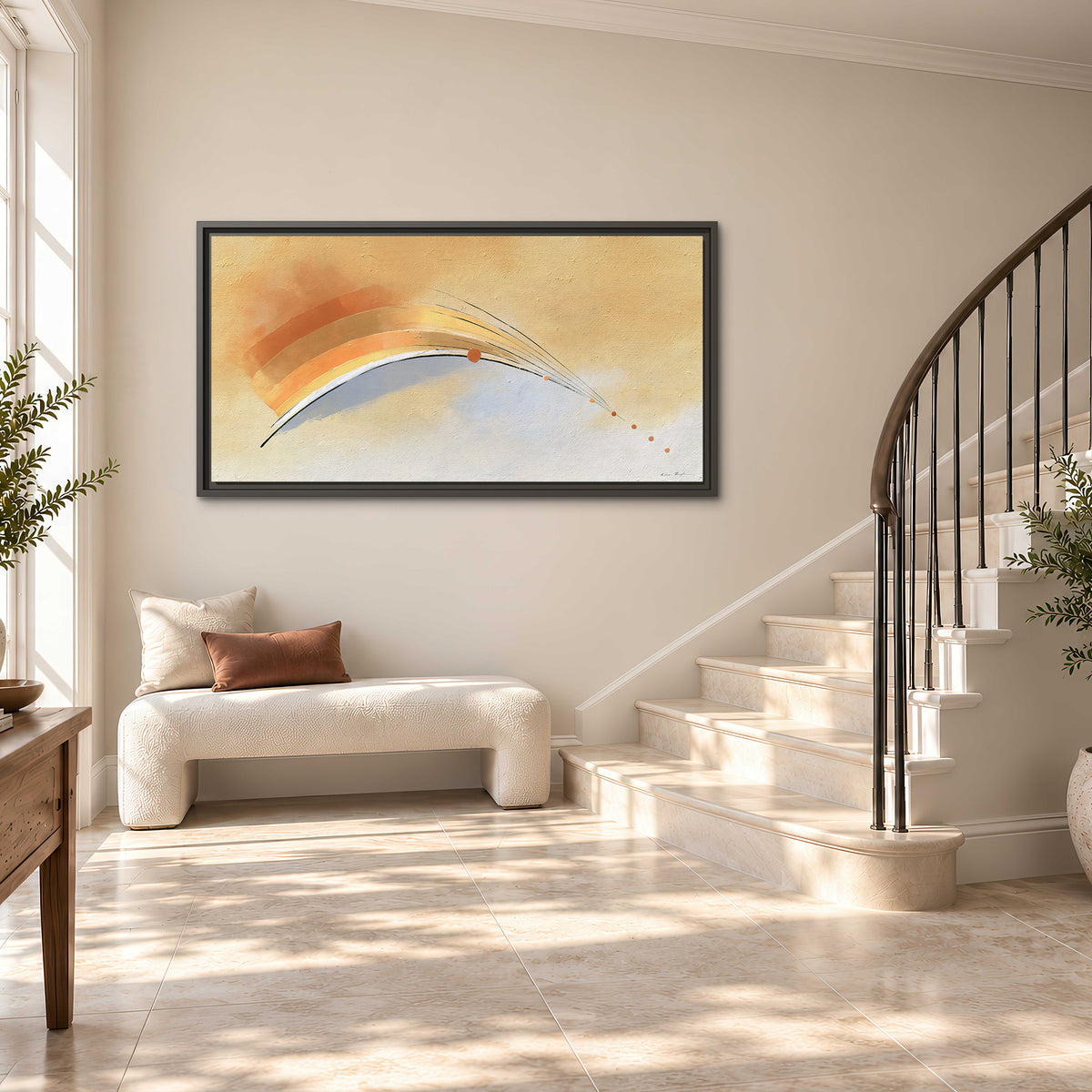 A sweeping ochre and orange arc with fine blue accents on a warm cream background single framed canvas wall art styled in an interior