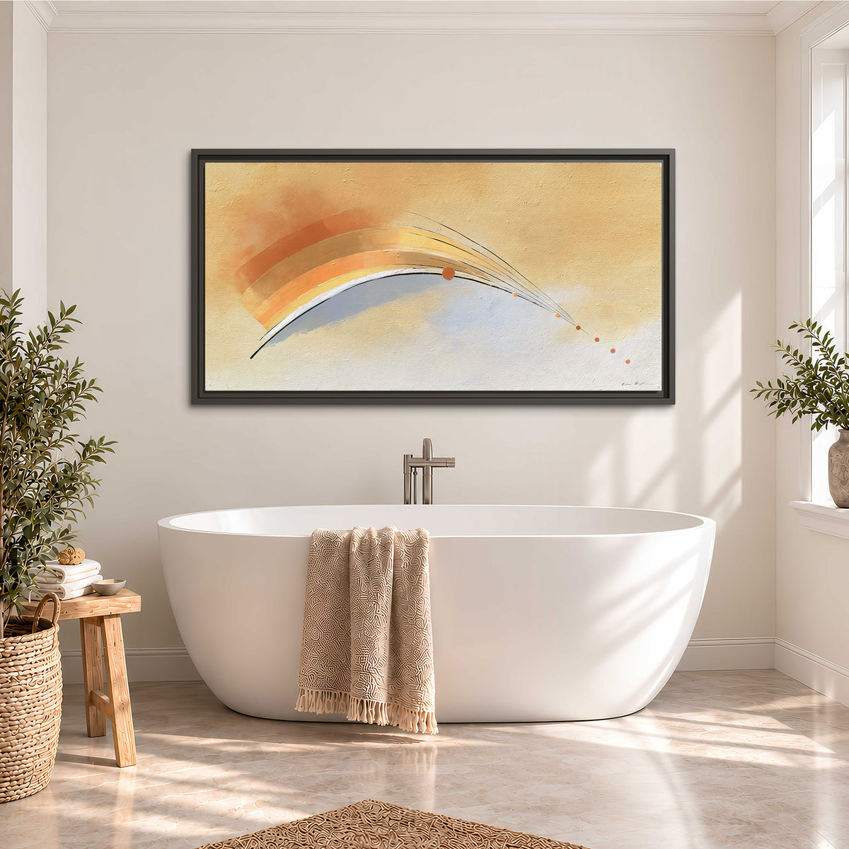 A sweeping ochre and orange arc with fine blue accents on a warm cream background single framed canvas wall art styled in an interior