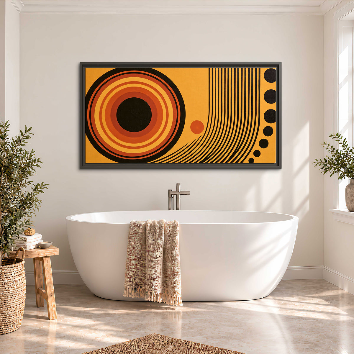 Bold black, orange and golden circles with parallel curved lines and small dots single framed canvas wall art styled in an interior