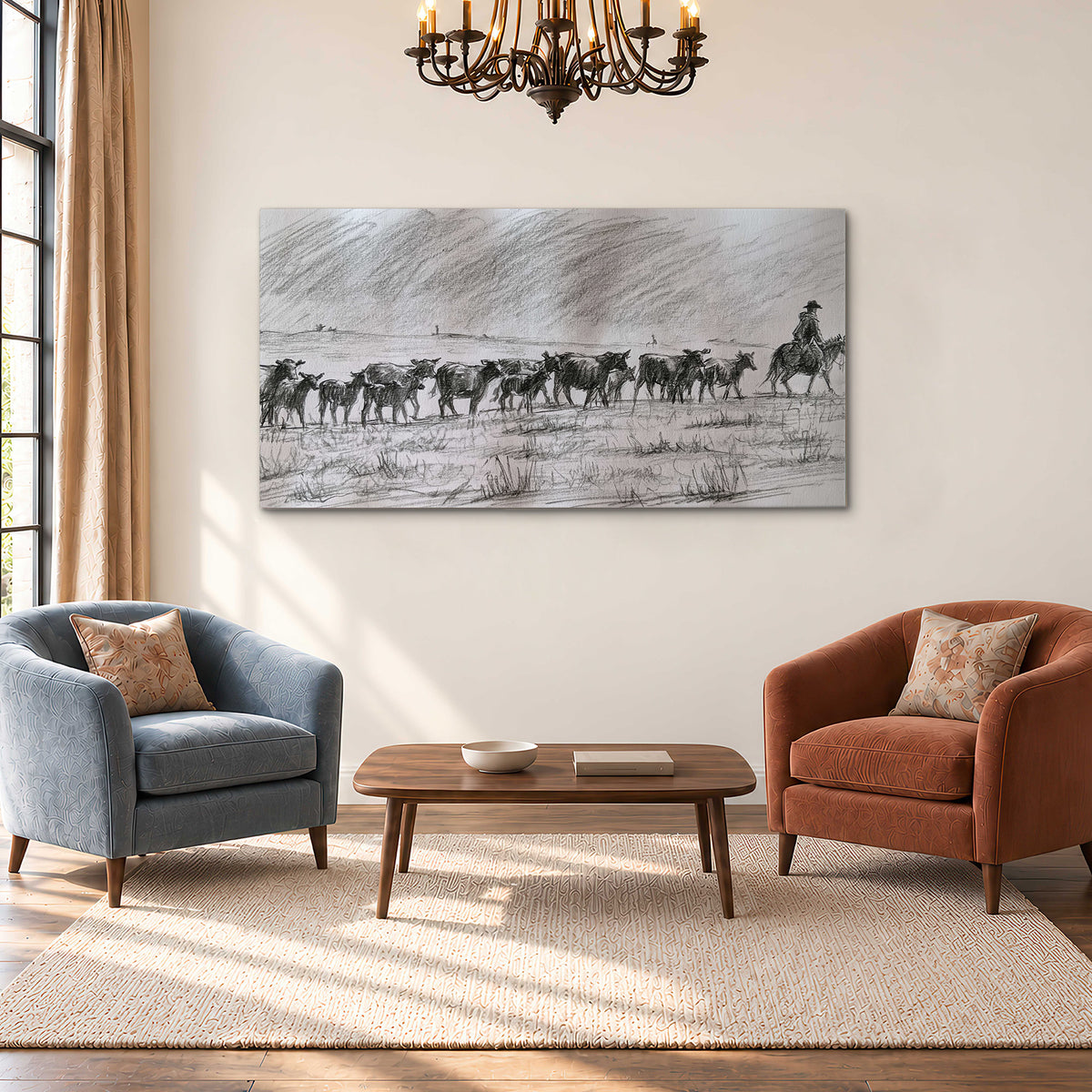 A rider on horseback guiding a herd of cattle across an open plain in charcoal-style strokes single canvas wall art styled in an interior