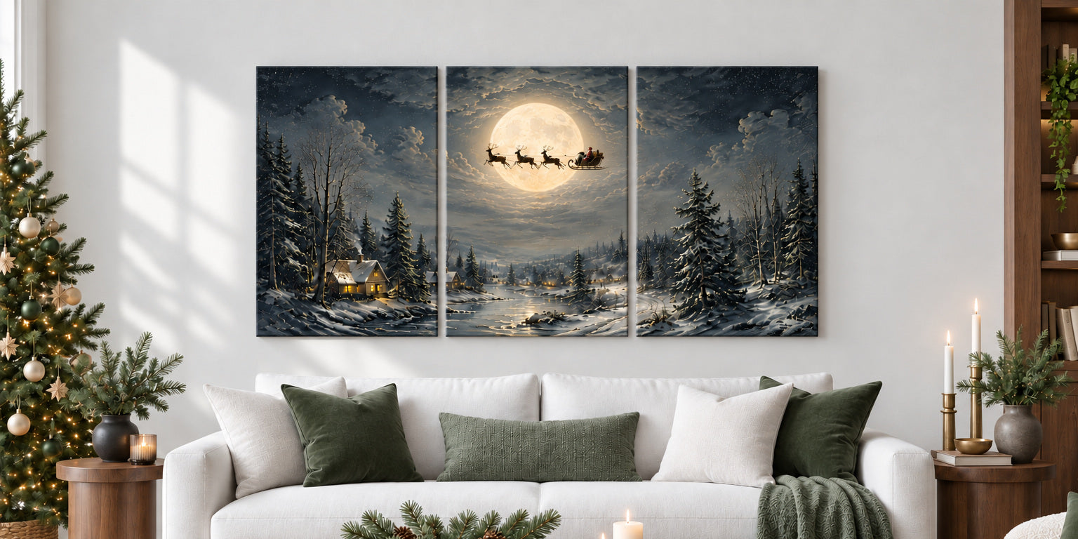 Bring the Season Home — three-panel unframed canvas in an elegant Christmas room