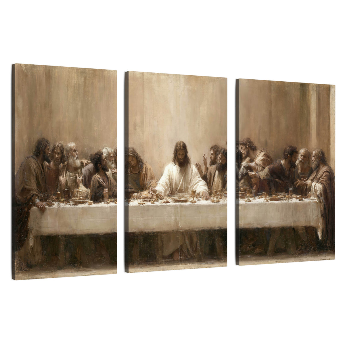 Sepia Last Supper oil painting 3 piece canvas wall art set on a white background