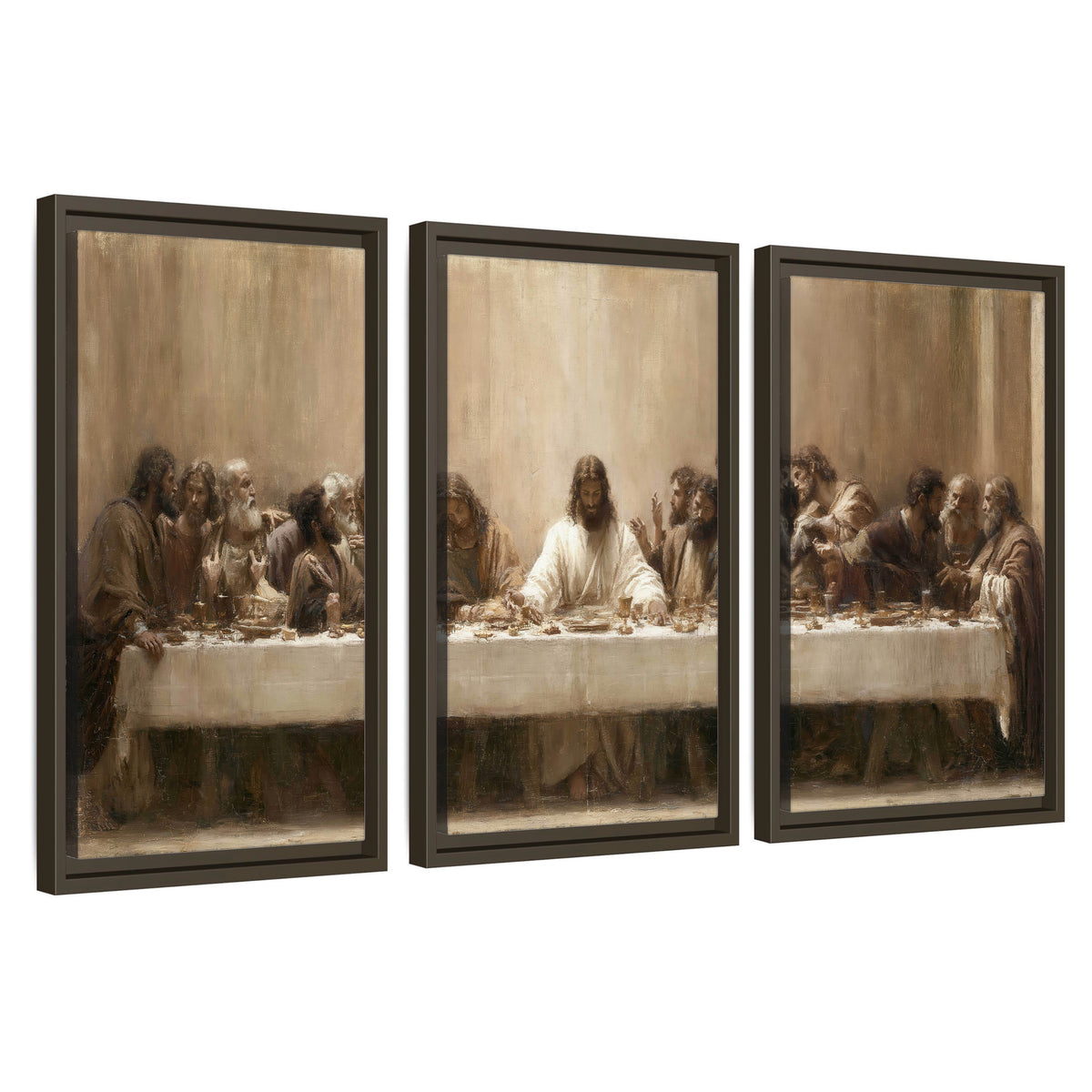Sepia Last Supper oil painting 3 piece framed canvas wall art set on a white background