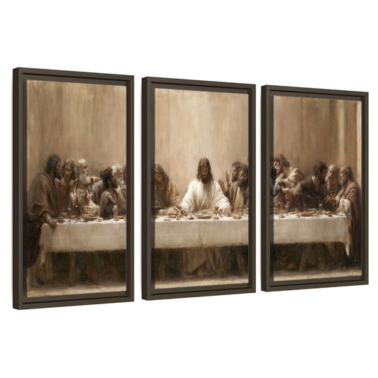 Sepia Last Supper oil painting 3 piece framed canvas wall art set on a white background