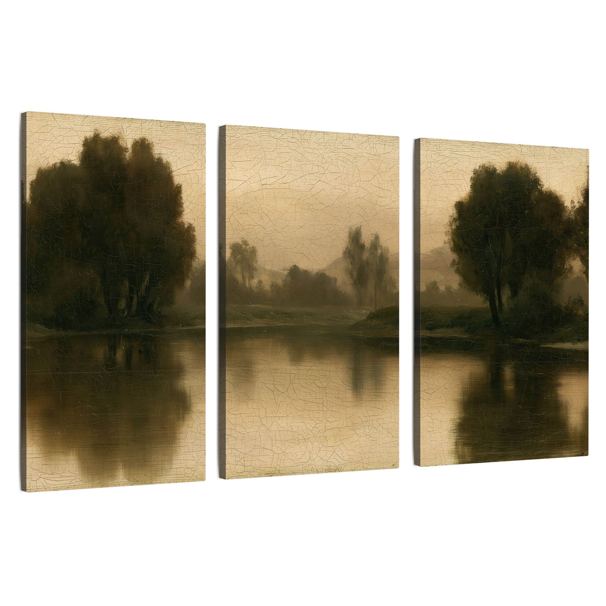 Antique sepia river painting 3 piece canvas wall art set on a white background