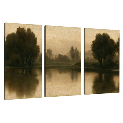 Antique sepia river painting 3 piece canvas wall art set on a white background