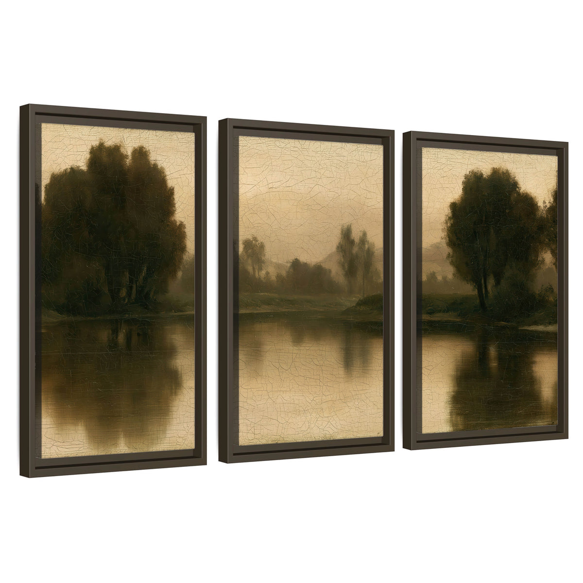 Antique sepia river painting 3 piece framed canvas wall art set on a white background