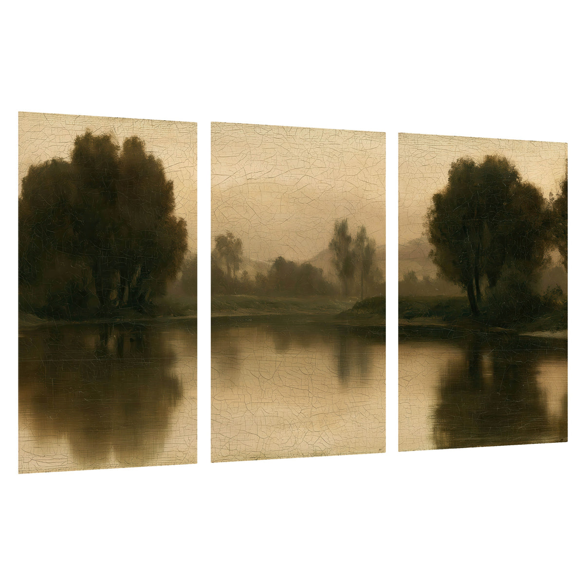 Antique sepia river painting set of 3 poster prints on a white background