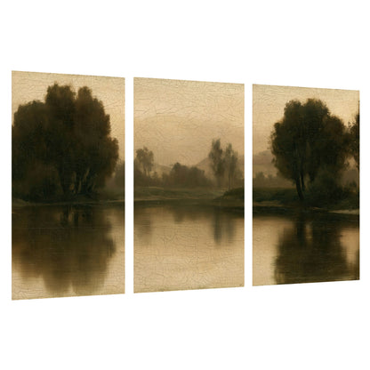 Antique sepia river painting set of 3 poster prints on a white background