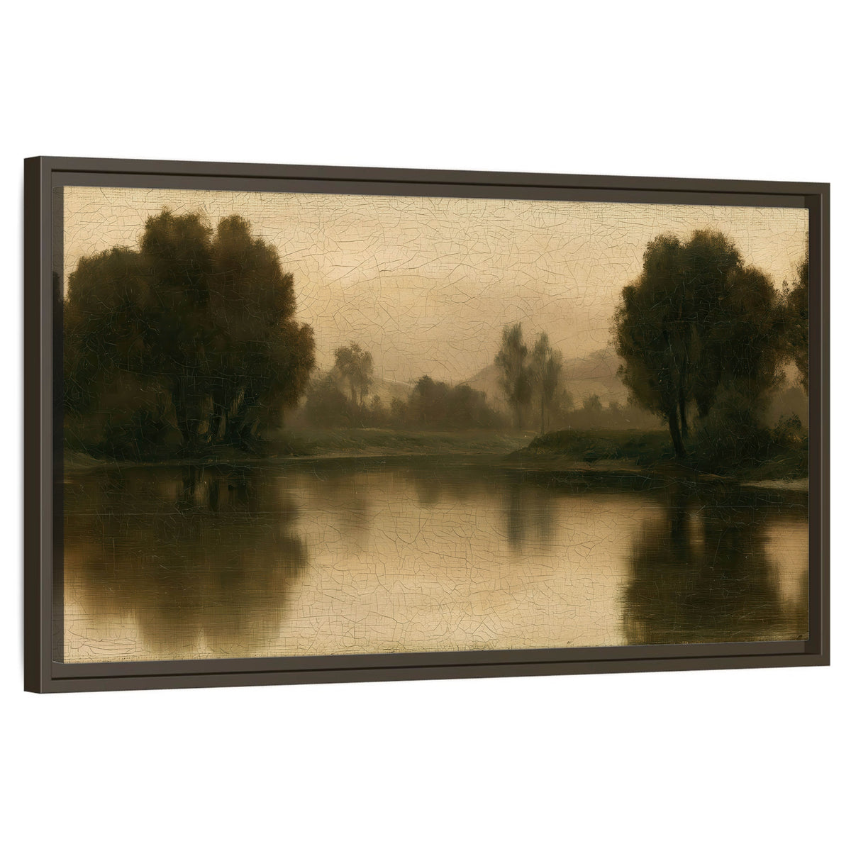 Antique sepia river painting framed canvas wall art on a white background