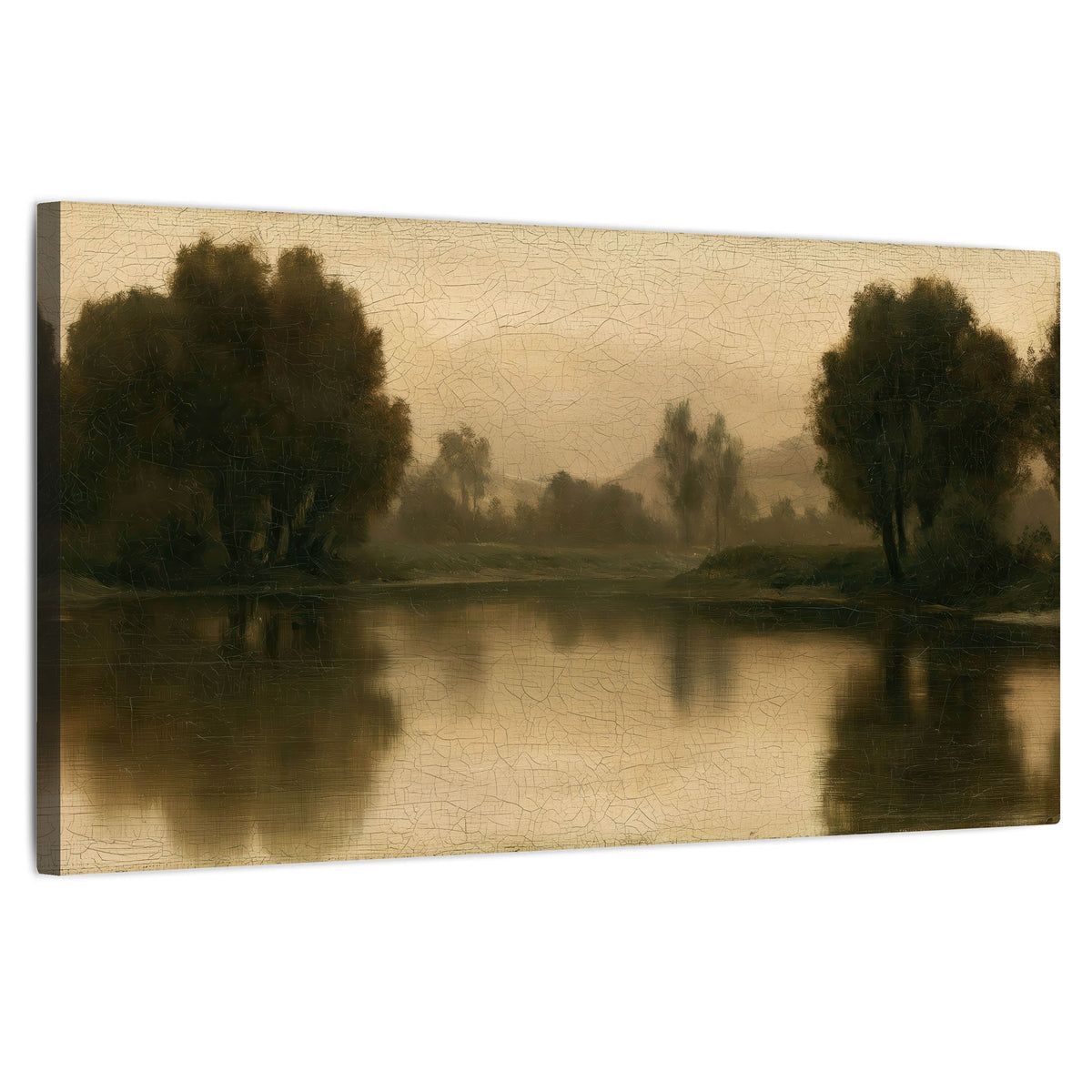Antique sepia river painting stretched canvas wall art on a white background