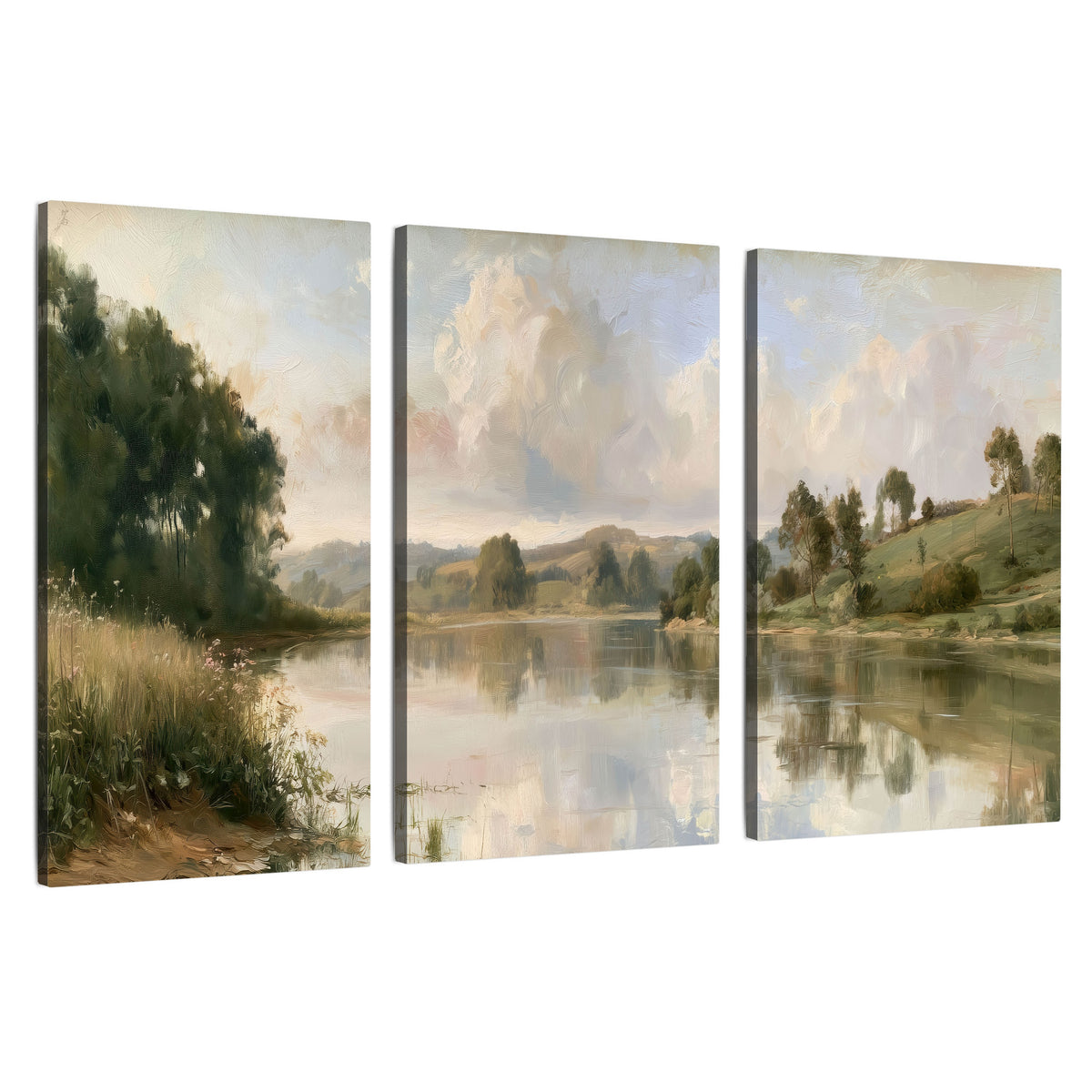Summer river countryside painting 3 piece canvas wall art set on a white background