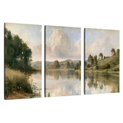 Summer river countryside painting 3 piece canvas wall art set on a white background