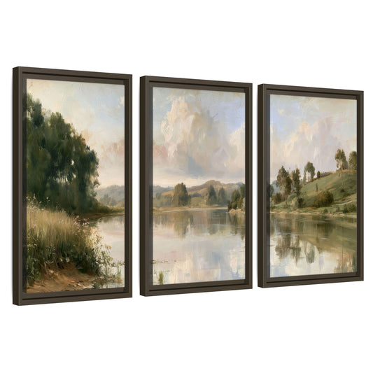 Summer river countryside painting 3 piece framed canvas wall art set on a white background