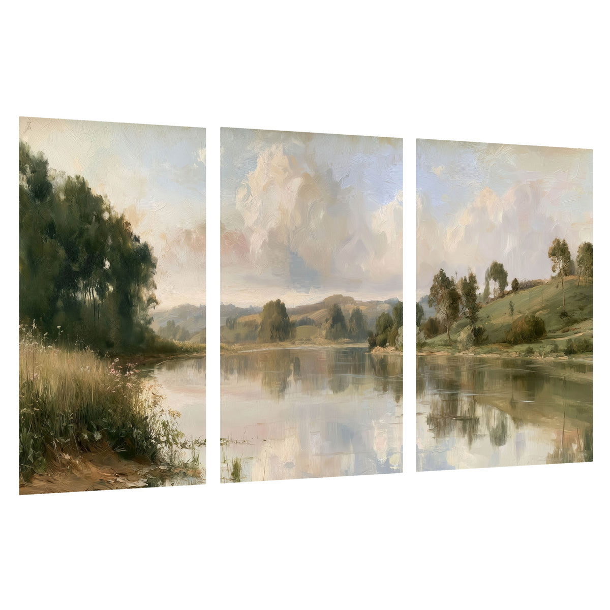 Summer river countryside painting set of 3 poster prints on a white background