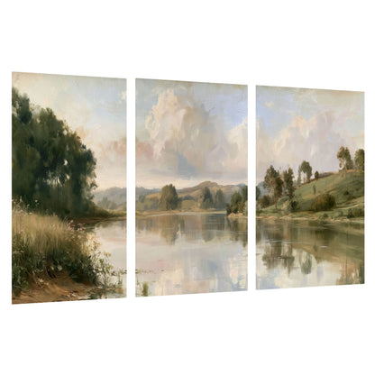 Summer river countryside painting set of 3 poster prints on a white background