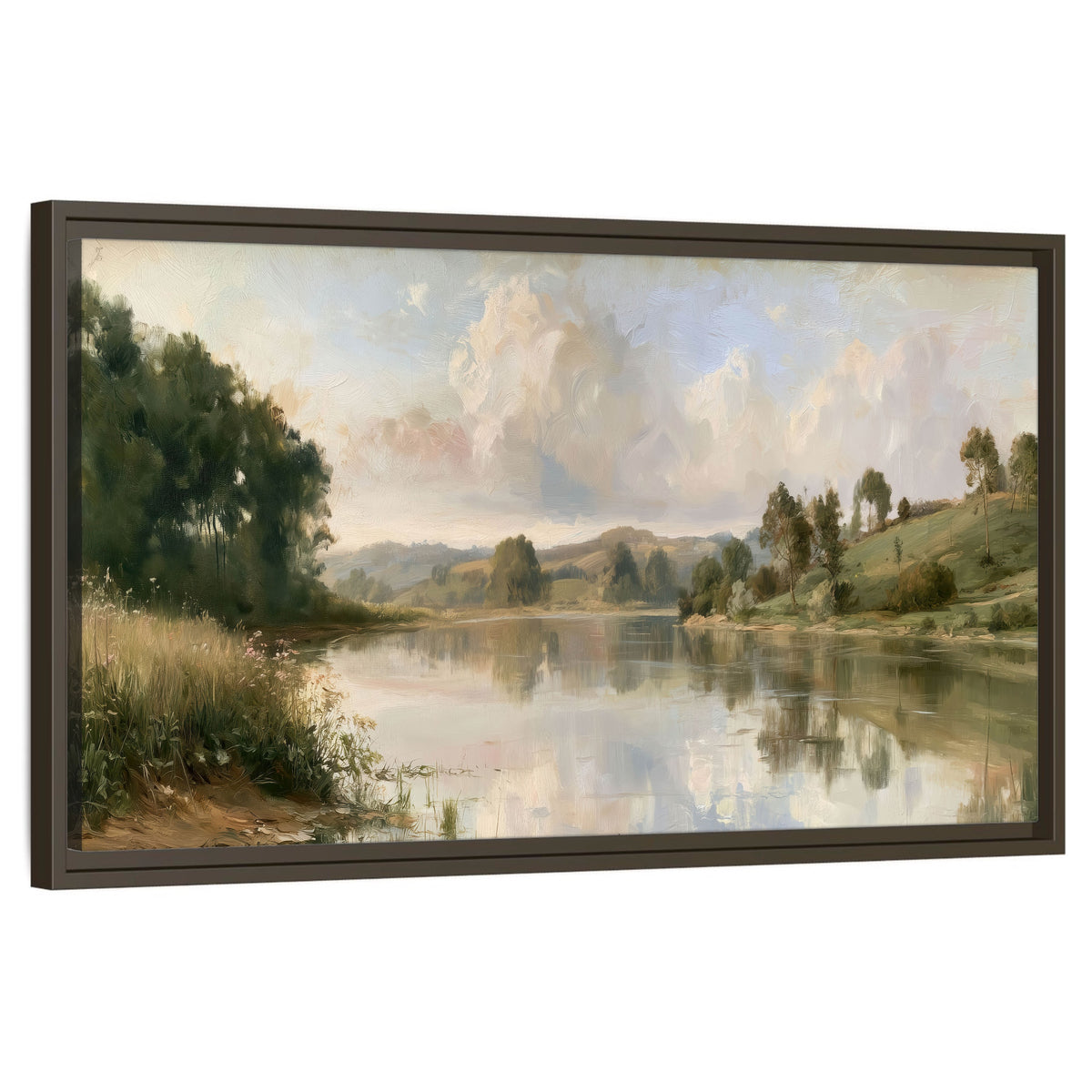 Summer river countryside painting framed canvas wall art on a white background