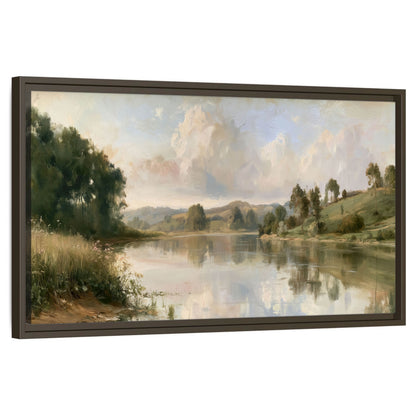 Summer river countryside painting framed canvas wall art on a white background