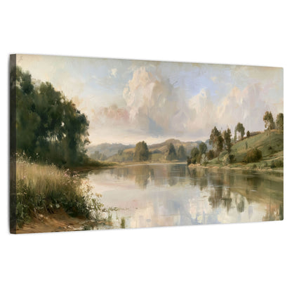 Summer river countryside painting stretched canvas wall art on a white background