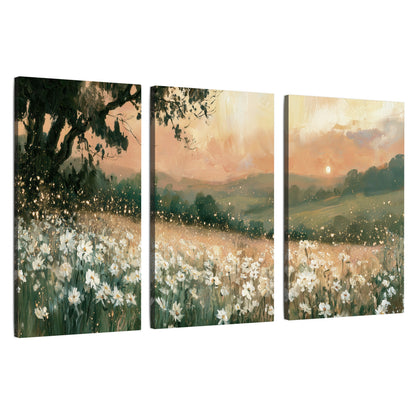 White daisy meadow sunset painting 3 piece canvas wall art set on a white background